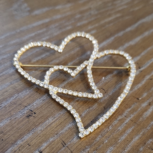 Gold Heart-Shaped Brooch with Crystals - Picture 2 of 5